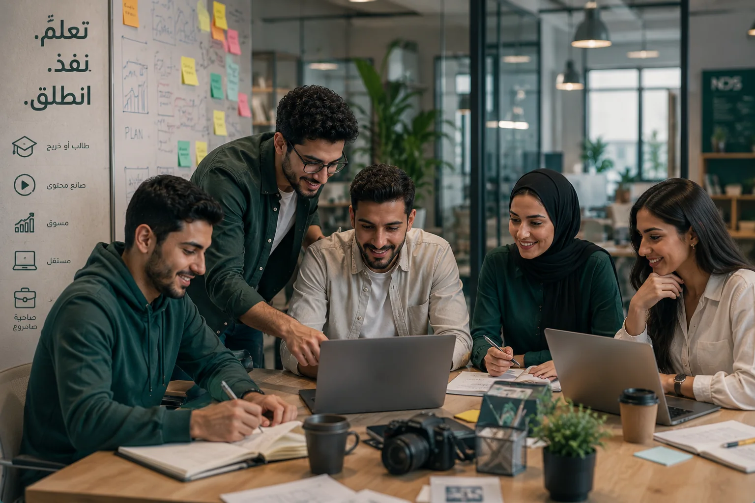 مجموعة من المتعلمين والمسوقين داخل بيئة عمل حديثة
